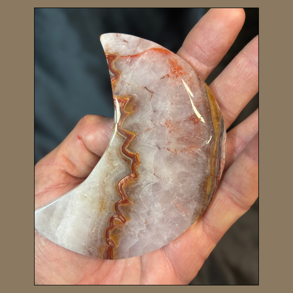 Amethyst Lace Agate Crescent Moon Crystal Carving with Custom Metal Stand 7.5"