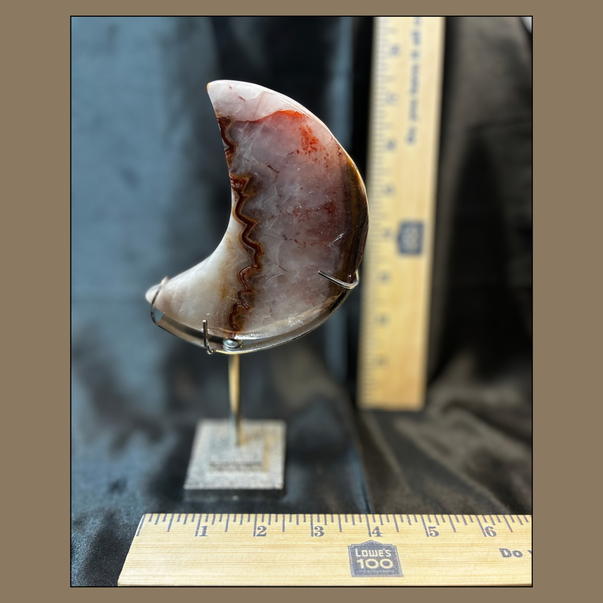 Amethyst Lace Agate Crescent Moon Crystal Carving with Custom Metal Stand 7.5"