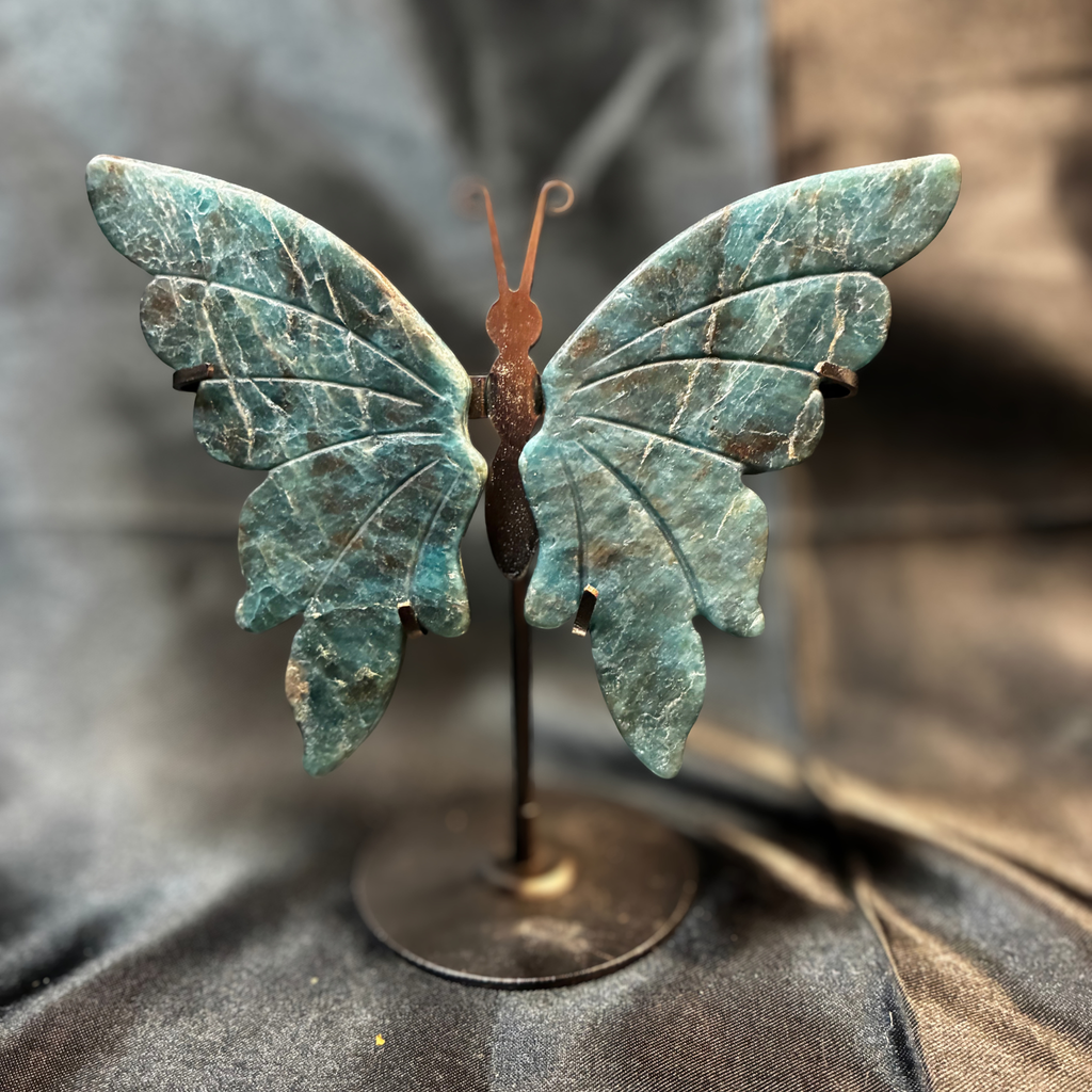 Deep Blue Apatite Wings 4.5" Crystal Carving with Metal Display Stand