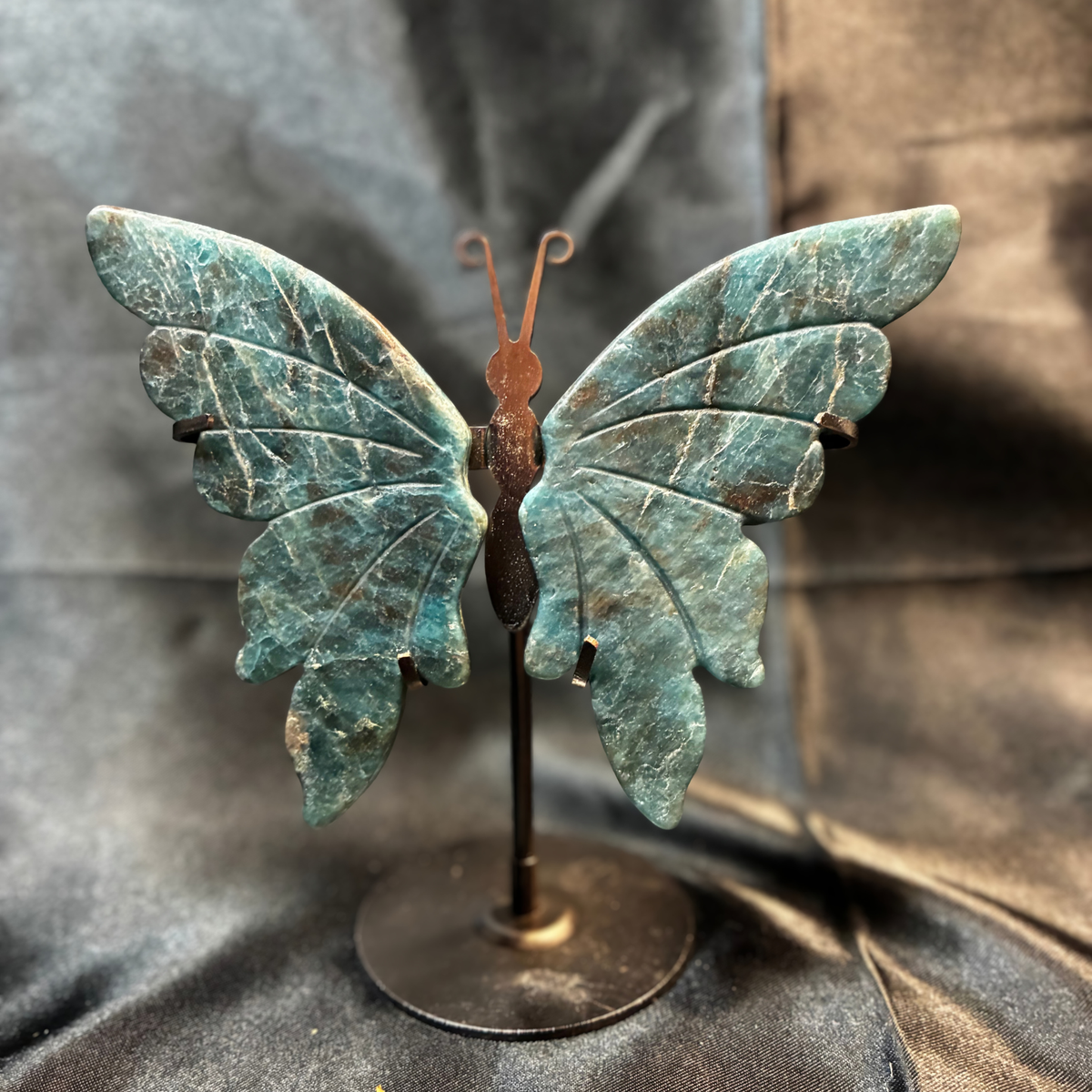 Deep Blue Apatite Wings 4.5" Crystal Carving with Metal Display Stand