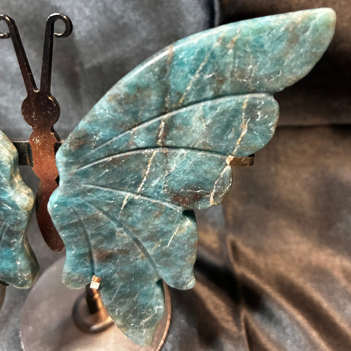 Deep Blue Apatite Wings 4.5" Crystal Carving with Metal Display Stand