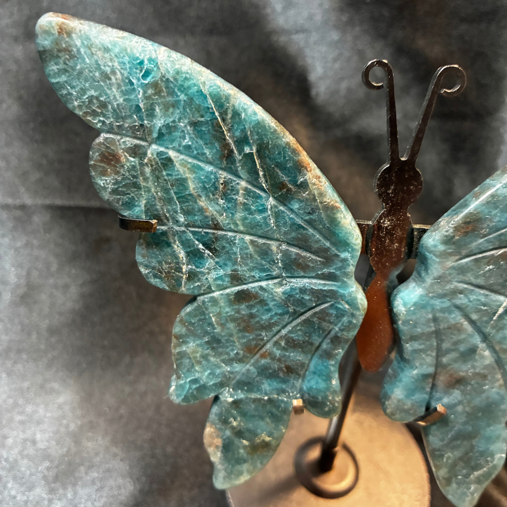 Deep Blue Apatite Wings 4.5" Crystal Carving with Metal Display Stand