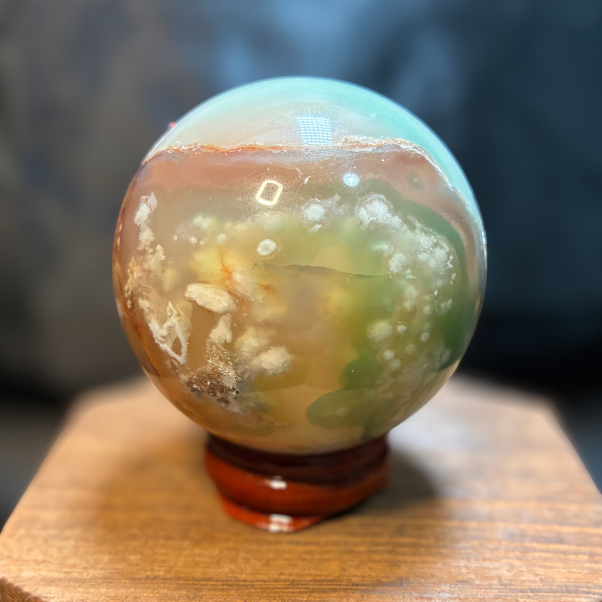 2" Green Flower Agate Crystal Sphere – 50mm Polished with Wooden Stand