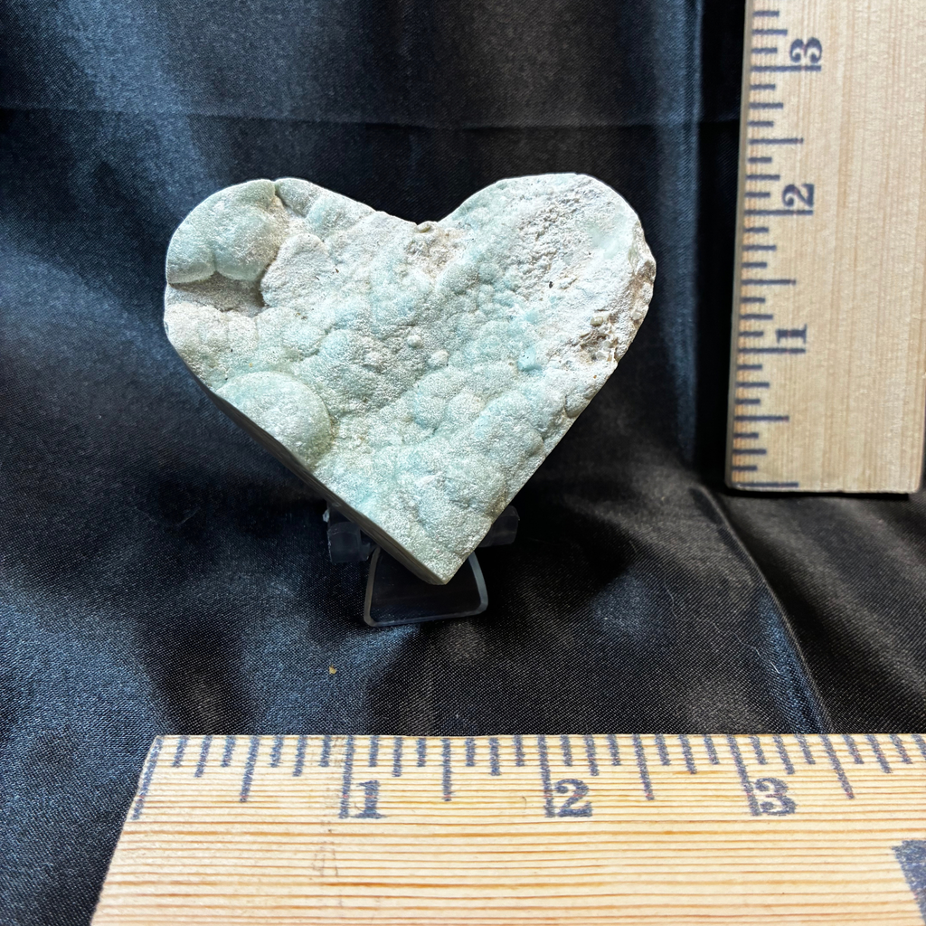 Blue Hemimorphite Heart Carving – Raw Botryoidal Face & Acrylic Stand