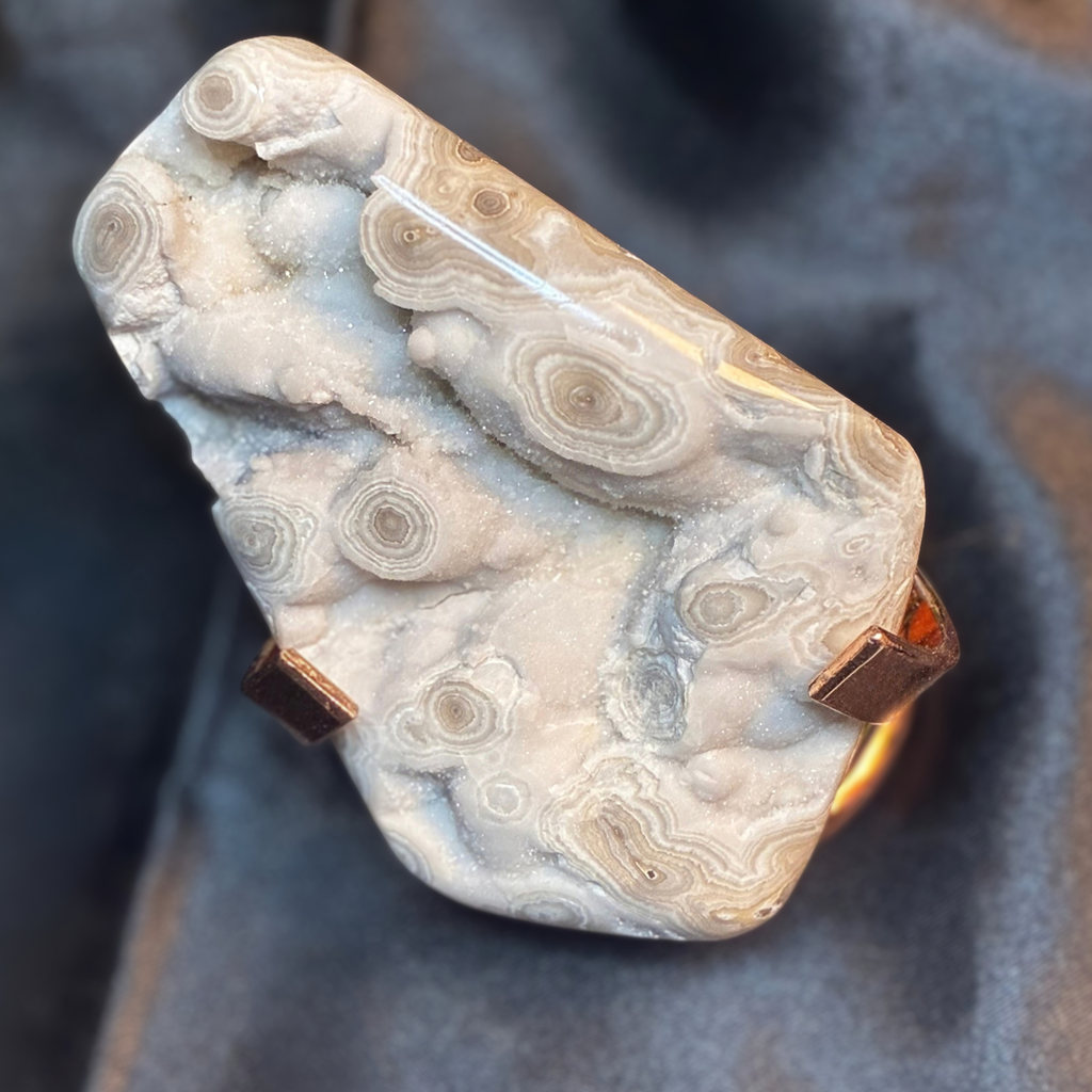 Polished Summerville Lace Agate Specimen with Druzy & Botryoidal Eyes (Free Stand Included) - Moon Forge Stoneworks