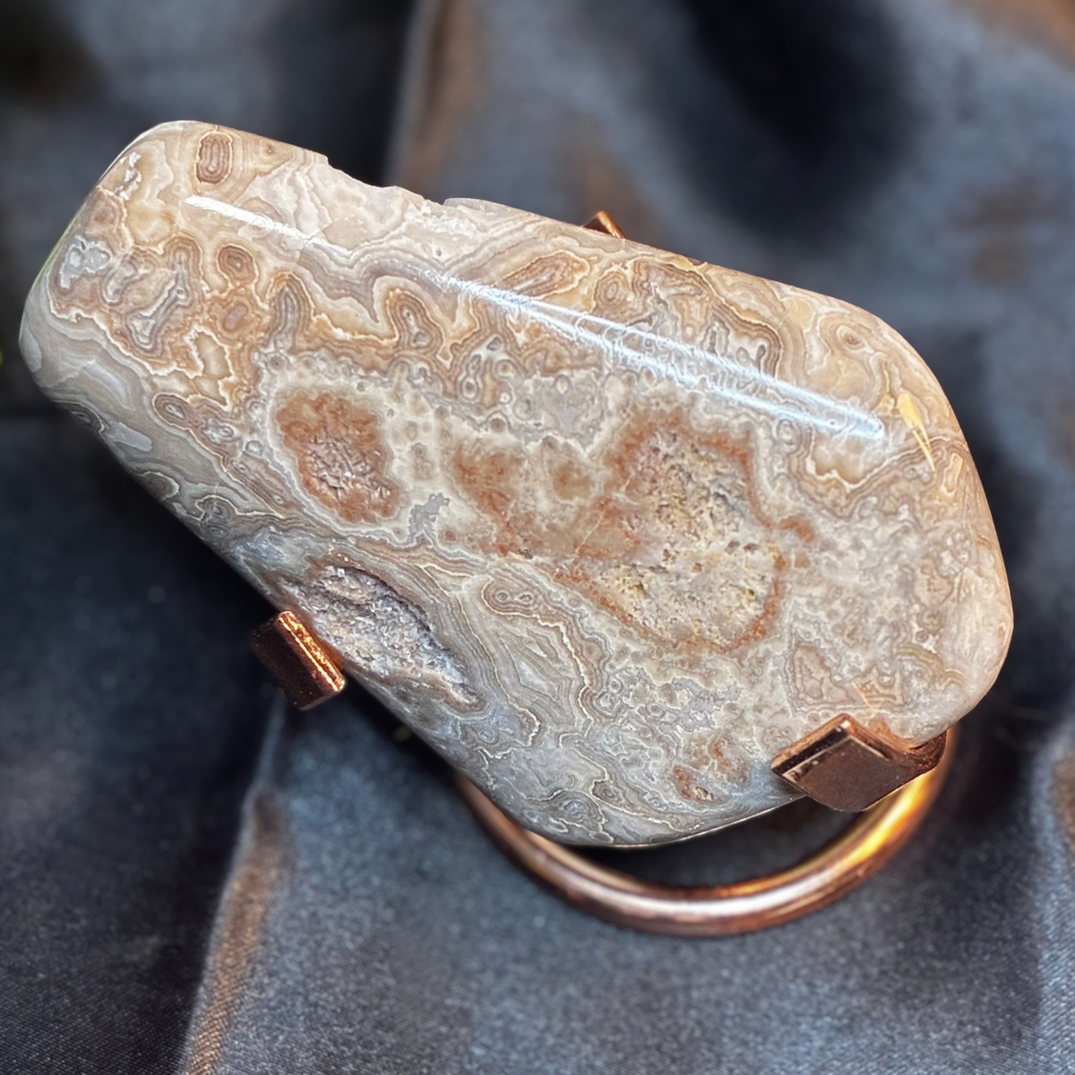 Polished Summerville Lace Agate Specimen with Druzy & Botryoidal Eyes (Free Stand Included) - Moon Forge Stoneworks