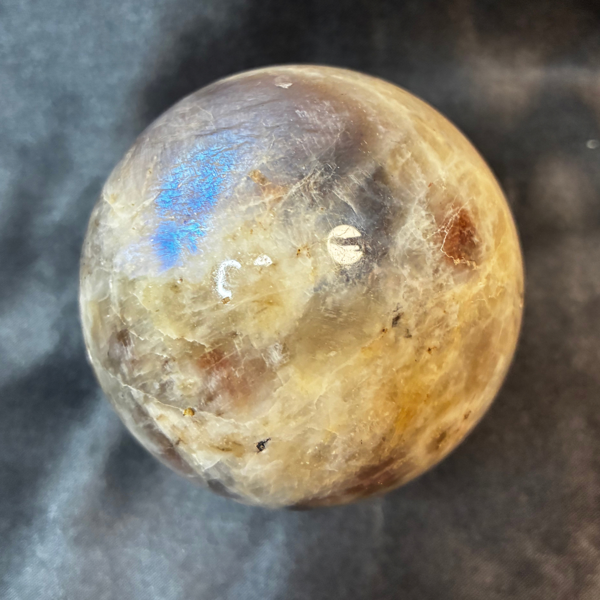 2.5" Blue Flash Moonstone Crystal Sphere – 60mm Polished w/ Stand