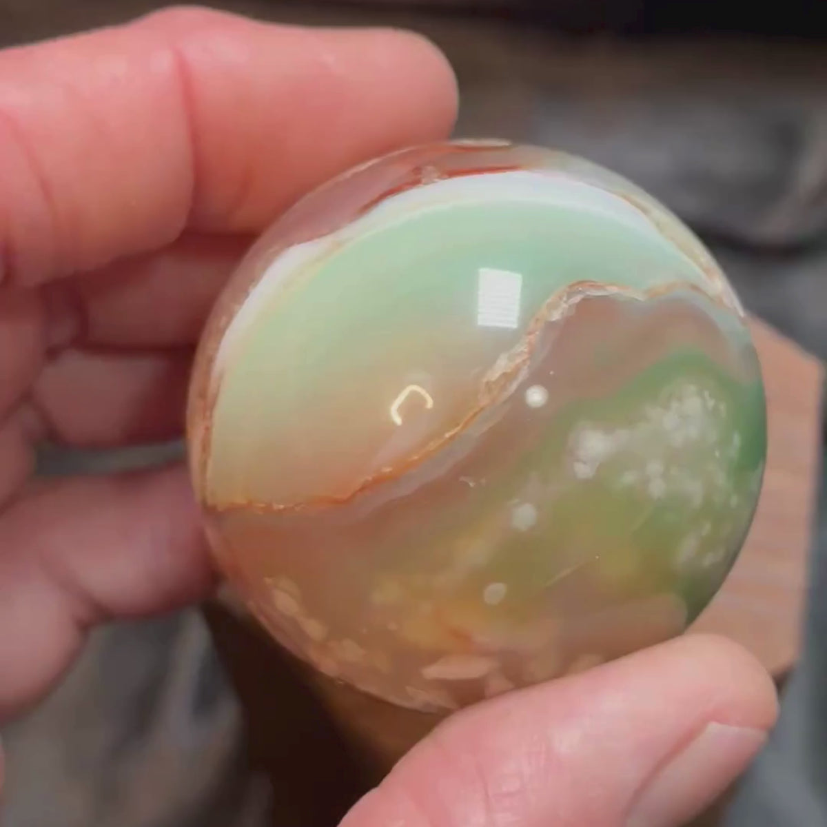 2" Green Flower Agate Crystal Sphere – 50mm Polished with Wooden Stand