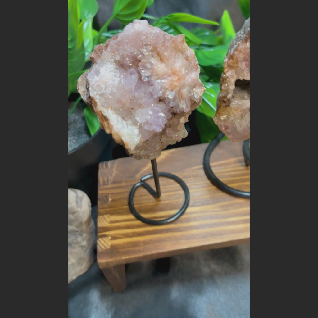 Pink Amethyst Crystal Slab – Authentic Natural Druzy Quartz Specimens - Mounted on Metal Stands